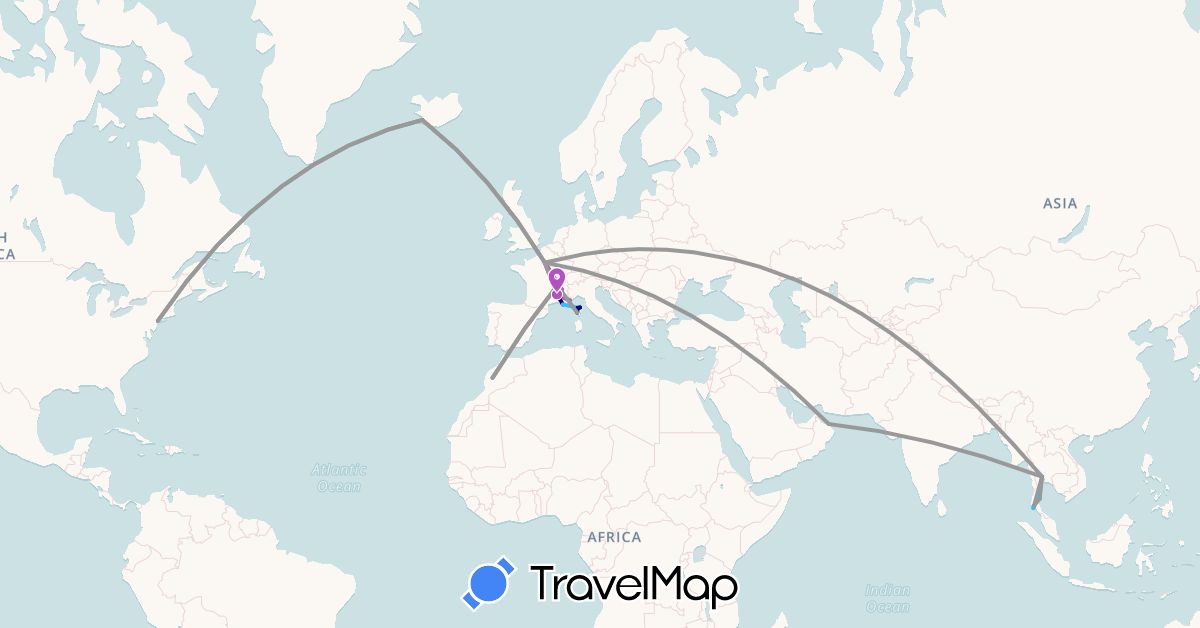 TravelMap itinerary: driving, plane, train, boat in France, Iceland, Morocco, Oman, Thailand, United States (Africa, Asia, Europe, North America)